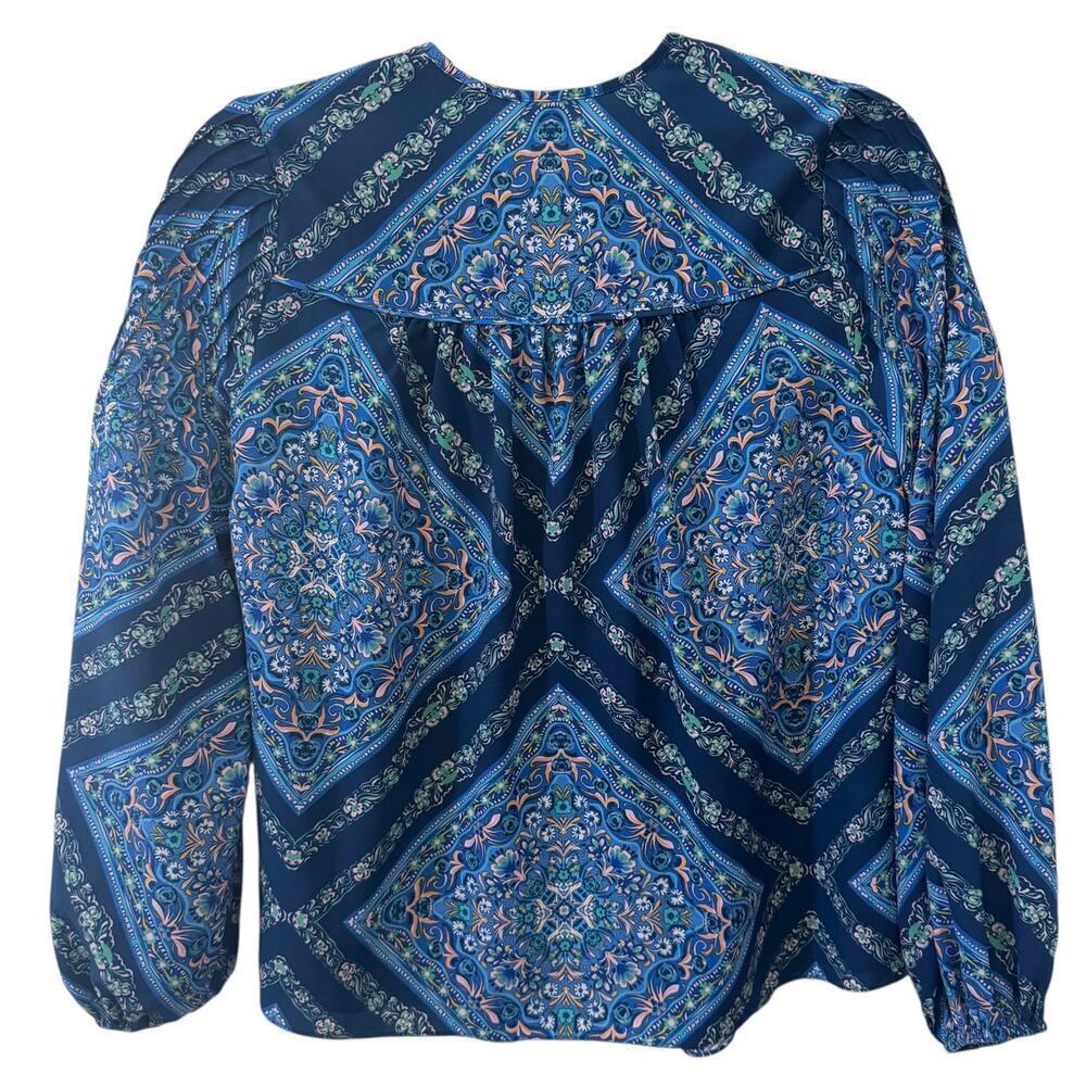 Shoshanna Lara Crepe de Chine Top in "Atlantic Tile Print" Blue Boho Size XS - Picture 9 of 11